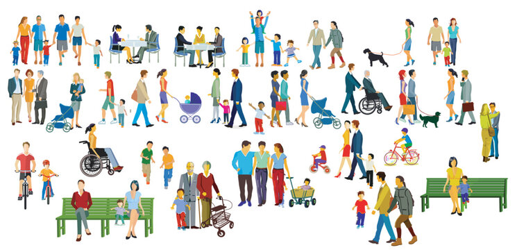 Gro&szlig;e Menschengruppen in der Freizeit im Wohnviertel  Illustration
