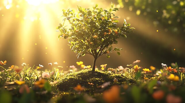 A young tree taking root in a floral paradise with golden sunlight streaming through