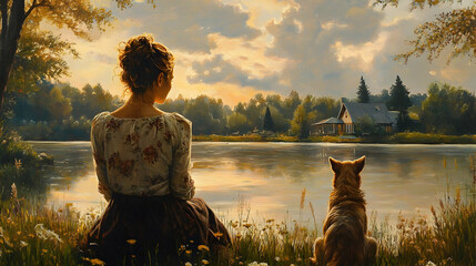 Obraz premium A woman and her dog by a serene lake at sunset.