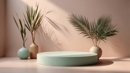 Create a product display podium with palm leaves for a natural and elegant background.