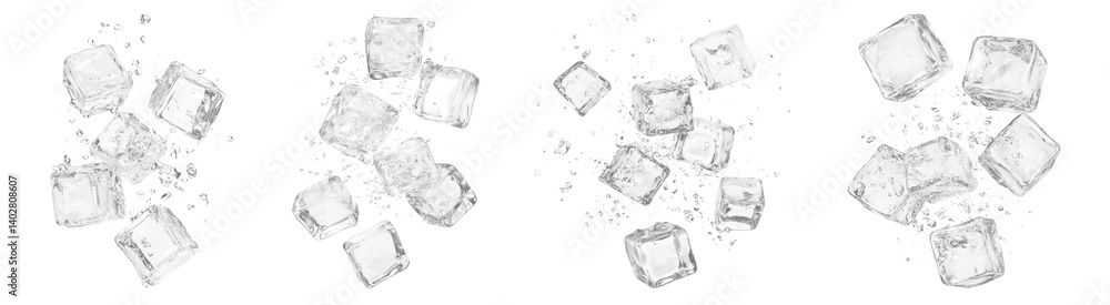 Poster png floating ice cubes with splashes, element set on transparent background