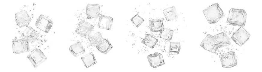 Obraz premium PNG Floating ice cubes with splashes, element set on transparent background