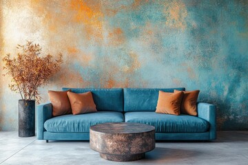 Modern living room design features a teal sofa and accents