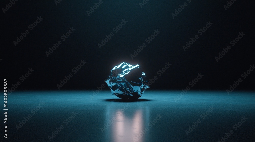 Poster a shiny, metallic object with a glowing center sits on a reflective surface.
