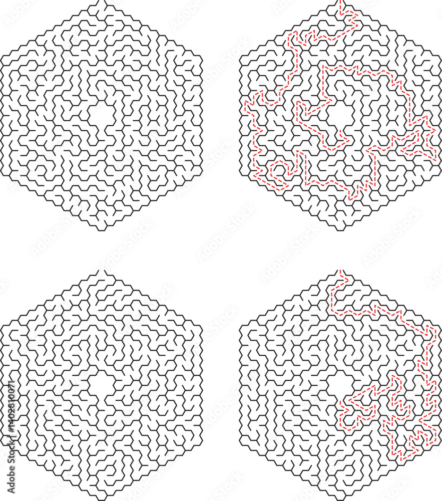 Poster hexagonal labyrinth game puzzle vector illustration with solution paths marked in red