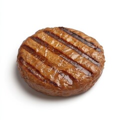 A perfectly grilled, golden brown burger patty with a juicy interior and crispy edges, isolated white background