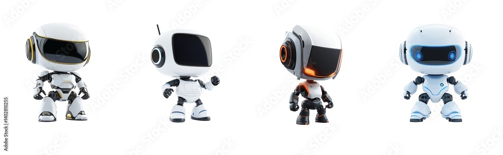 Poster four futuristic robots in various white and black designs with unique features and details