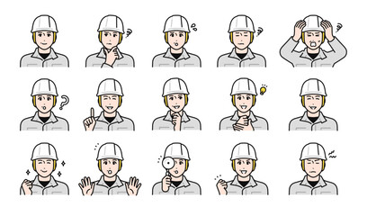 ヘルメットを被ったミドル世代の男性作業員の様々な表情バリエーションセット
