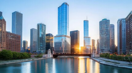 Fototapeta premium Skyscrapers and riverbanks in a vibrant city skyline setting