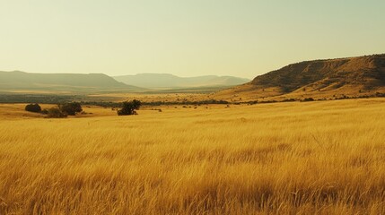 Obraz premium Vast open landscape with golden grassy fields and distant mountains