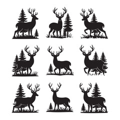  Set of forest deer silhouette illustrations with pine trees, standing majestic stags in nature-inspired black and green vector style, ideal for wildlife, outdoor, or woodland-themed designs