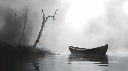 A solitary wooden boat rests on a misty river, shrouded in fog.