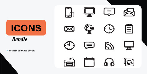 Diverse set of linear icons for business productivity contact and information management