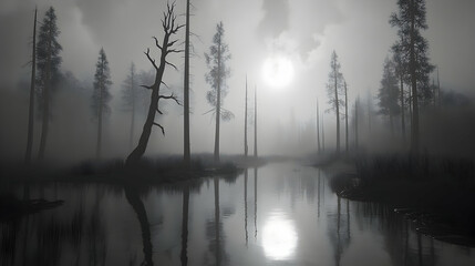 Fototapeta premium A misty, monochrome swamp forest scene at dawn.