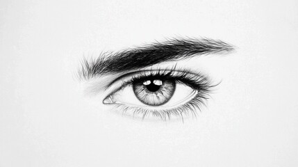 A detailed black and white drawing of an eye with long eyelashes and a dark eyebrow.