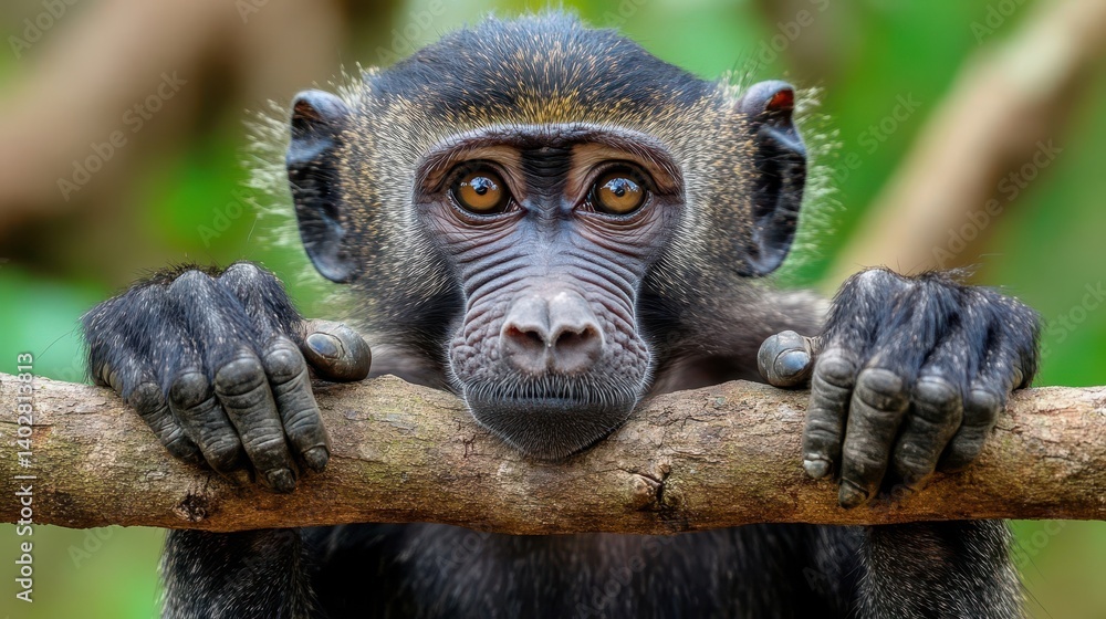 Poster close-up of a thoughtful monkey resting on a branch.