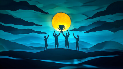 Team celebrates victory under a luminous night sky.