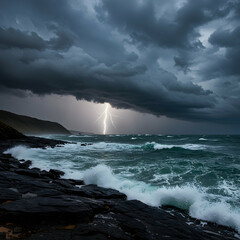 Obraz premium Dramatic Ocean Storm Lightning Waves