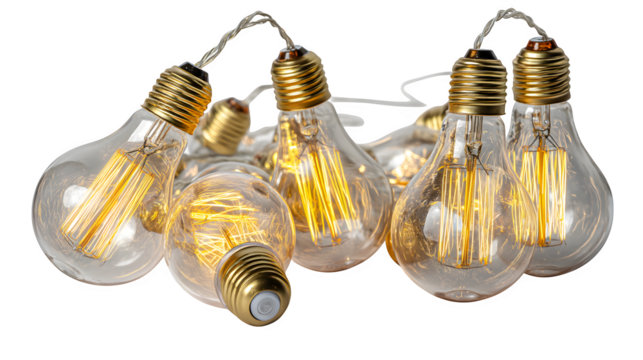 Edison bulb string lights with detailed filaments, realistic lighting and depth, white background