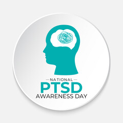 National PTSD Awareness Day is June 27. Health awareness vector. Realistic ribbon, Human and brain icon. Educate the public about post-traumatic stress disorder. Banner and background design template.