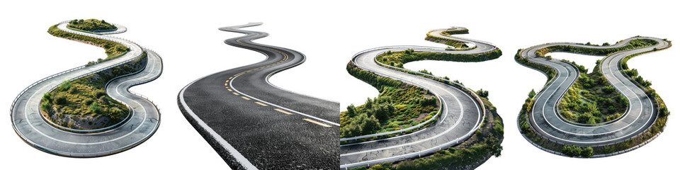 3d road, Curved road with white markings. Winding highway isolated on transparent background. png Asphalt highway. clipping path
