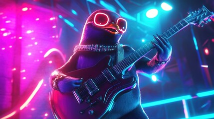 Obraz premium Cool penguin rockstar performs on stage with electric guitar.