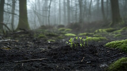 Fototapeta premium Small green shoots emerging from dark soil surrounded by a tranquil morning forest