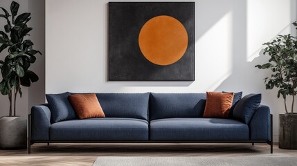 Modern living room featuring blue sofa and round artwork