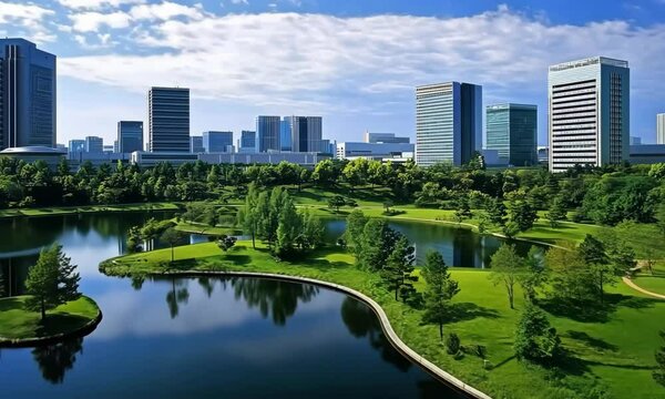 A panoramic view of Osaka Business Park with its modern office buildings and tranquil green spaces in the foreground