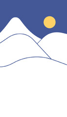 Minimalist winter landscape with snow-covered mountains and a yellow sun on a blue background