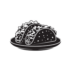  Black and white vector illustration of a taco on a plate, featuring tortilla shell with lettuce or filling, perfect for Mexican food or fast food themed designs