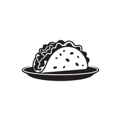  Black and white vector illustration of a taco on a plate, featuring tortilla shell with lettuce or filling, perfect for Mexican food or fast food themed designs