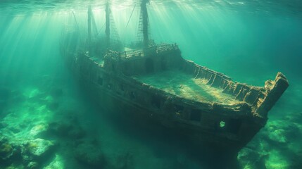 Fototapeta premium Sunken shipwreck resting on the ocean floor, surrounded by clear blue water and marine life