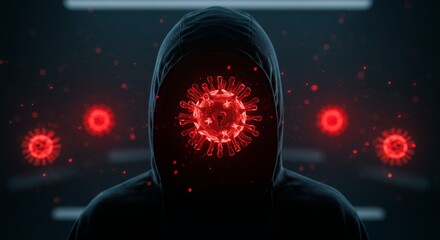 Hooded Figure with Glowing Viral Illustration Symbolic of Infection Threat