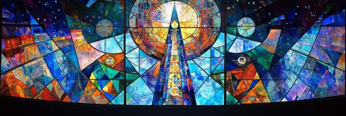 Stained glass window with celestial and geometric patterns featuring blue and orange hues.