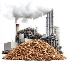 Smoking chimneys of a large industrial biomass power plant towering over a massive pile of wood chips or forestry waste highlighting the production of renewable energy from organic materials