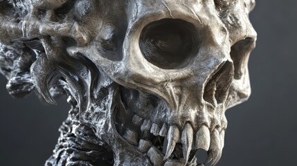 A detailed close-up of a sculpted, ornate skull with exaggerated features.