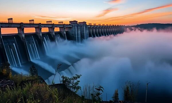 The Itaipu Dam at dawn, with mist rising from the water and the vast dam structure looming over the landscape