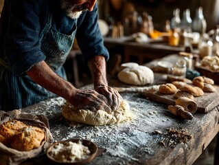 Artisan's Touch: A seasoned baker molds dough with skilled hands amidst flour and fresh bread in a rustic kitchen, evoking the essence of home and tradition.