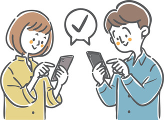 スマホを操作する夫婦　上半身　ベクター