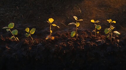 Young saplings growing in nutrient-rich earth under the soft embrace of morning light
