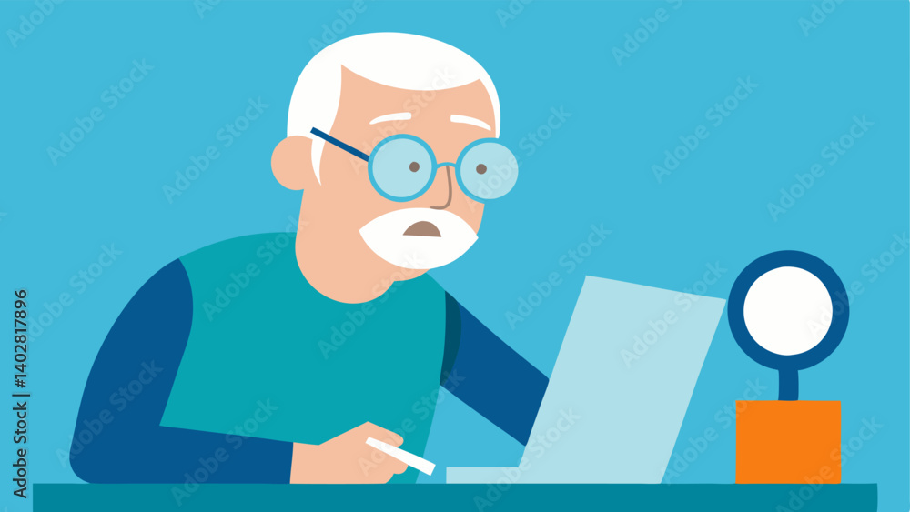 Poster optical device a senior citizen with glasses using a digital magnifier to examine a document or phot