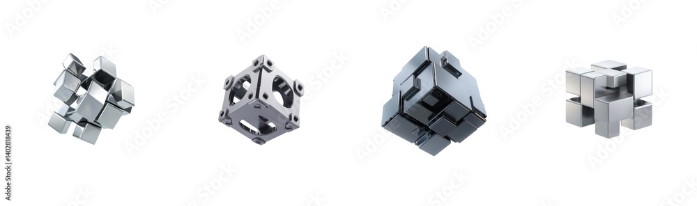 Poster four geometric metal structures with reflective cube and polygon shapes