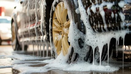 A car is being cleaned at a bustling car wash on a clear day. Soap bubbles cover the wheels and flow onto the ground, highlighting the thorough cleaning process and attention to detail
