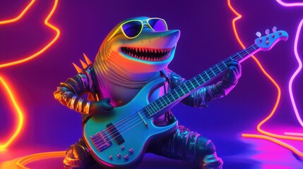 Obraz premium A shark rocker plays electric bass guitar.