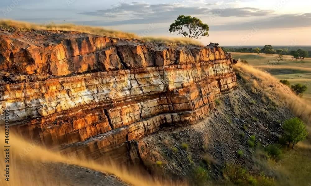 Poster an ancient cliff face showing layers of iron ore within its structure, highlighted by sunset