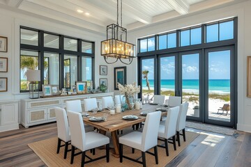 Coastal-style dining room with white chairs, wooden table, ocean view, chandelier, and modern architecture in Panama City Beach.