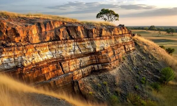 An ancient cliff face showing layers of iron ore within its structure, highlighted by sunset