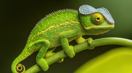 Obraz premium A vibrant green chameleon perched on a branch.