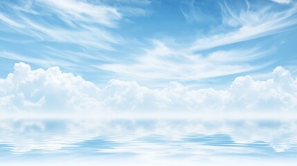 Fototapeta premium A serene blue sky with fluffy white clouds and calm blue water below.
